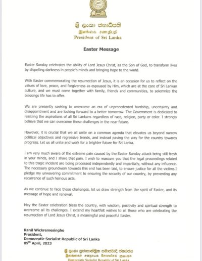 Easter Message by His Excellently the President of Sri Lanka.