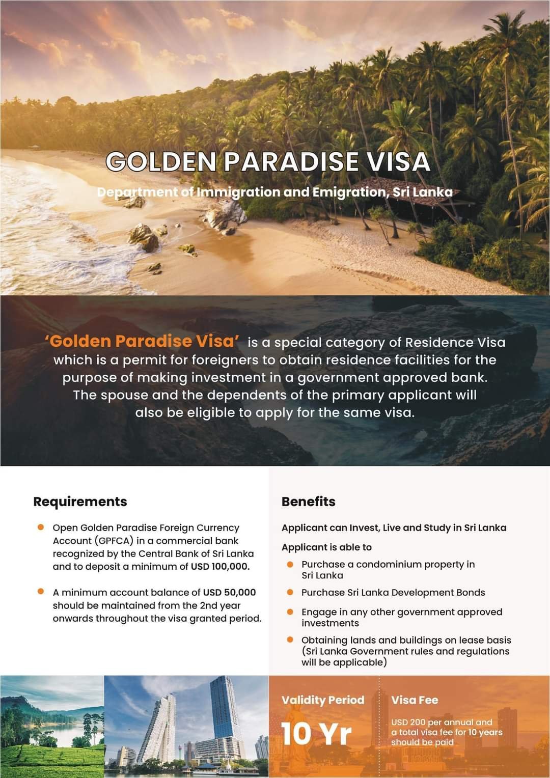 Golden Paradise Residence Visa Program - Invest, Live and Study in<br />
Sri Lanka 
