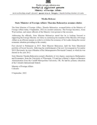 Media Release: State Minister of Foreign Affairs Tharaka Balasuriya assumes duties