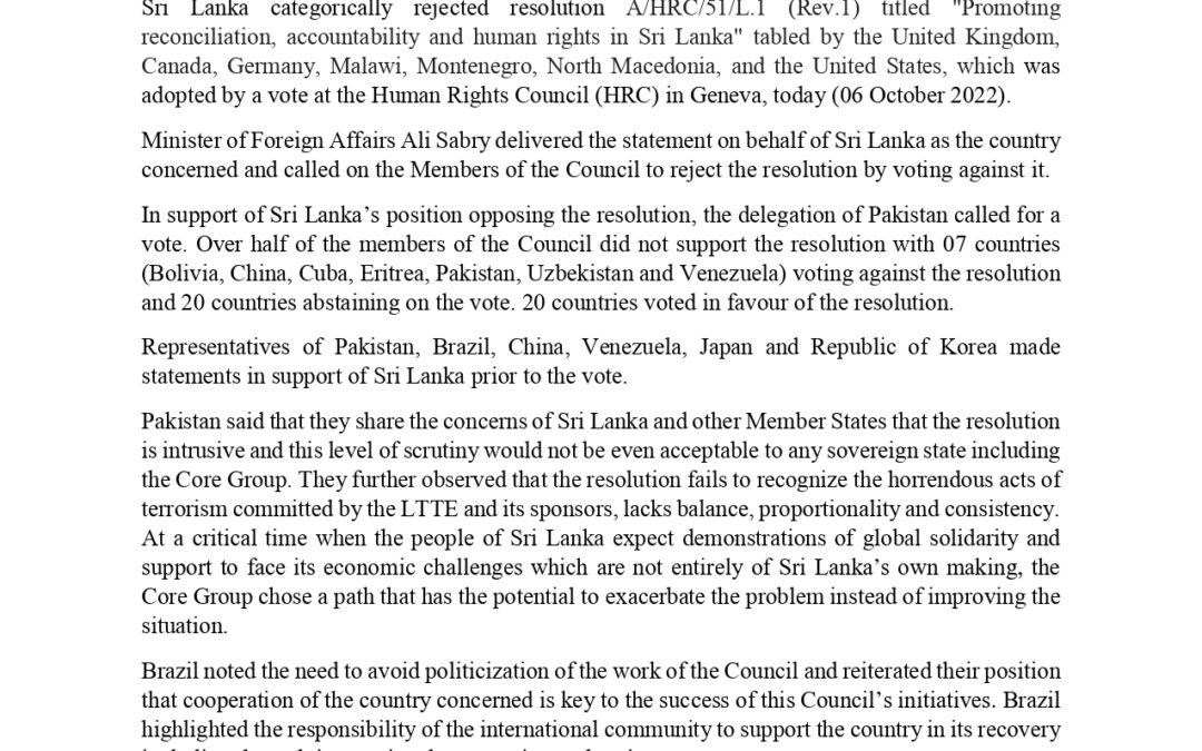 Sri Lanka rejects resolution at the UN Human Rights Council