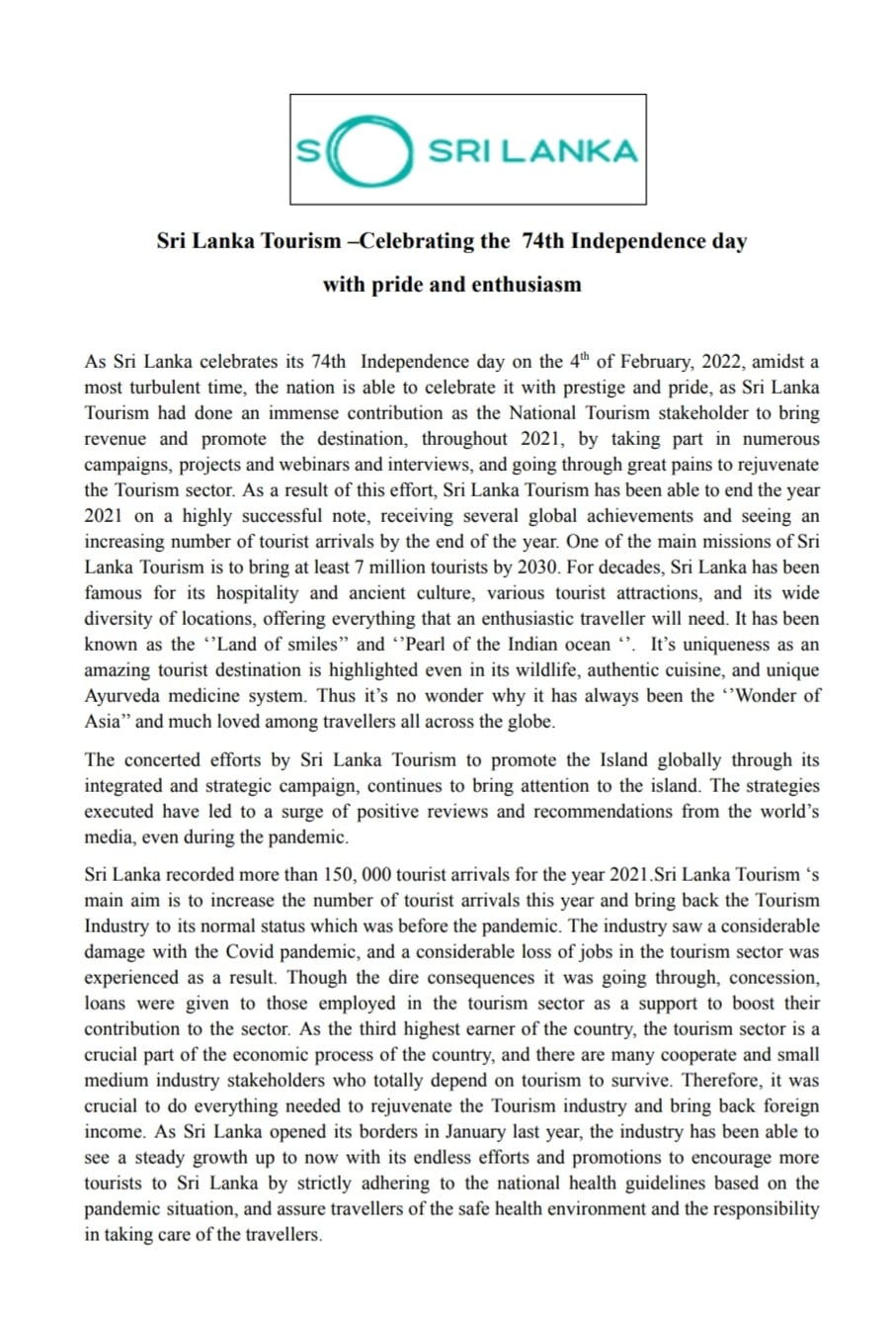 Sri Lanka Tourism-Celebrating the 74th Independence day with pride and enthusiasm