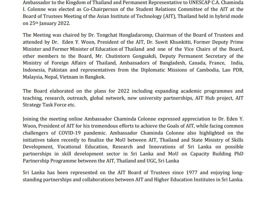 Sri Lanka assures enhanced partnership with the Asian Institute of Technology (AIT)