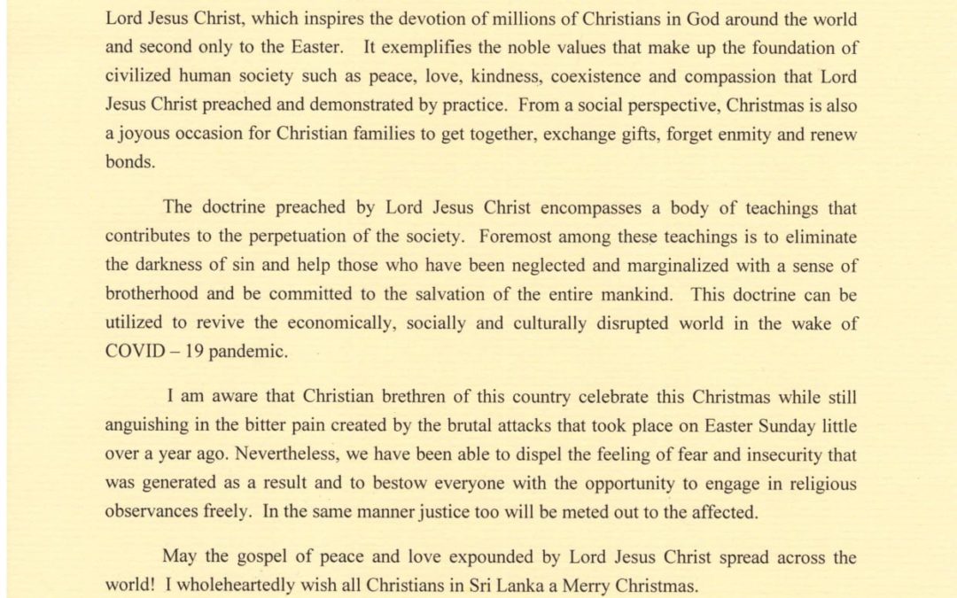Christmas Day Message of H.E. the President Gotabaya Rajapaksa