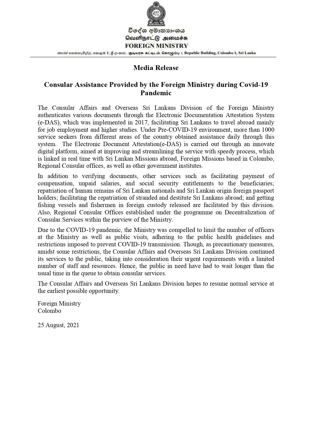 Consular Assistance Provided by the Foreign Ministry during Covid-19 Pandemic