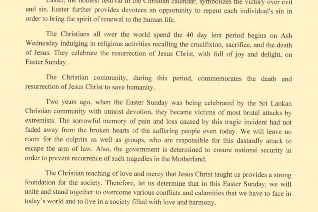 H.E. the President Gotabaya Rajapaksa’s Message for the Easter Sunday, 04 April 2021