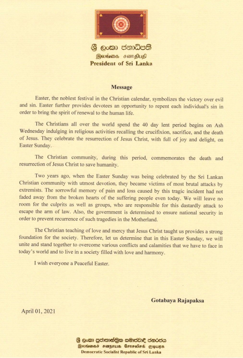 H.E. the President Gotabaya Rajapaksa's Message for the Easter Sunday, 04 April 2021