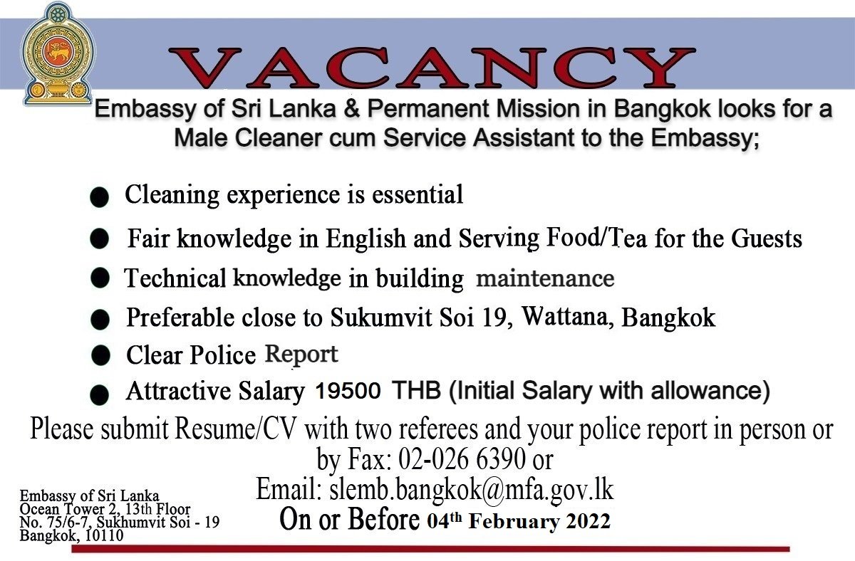 Embassy of Sri Lanka & Permanent Mission in Bangkok looks for a Male Cleaner cum Service Assistant