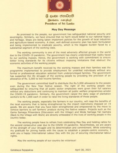 Message of H.E. Gotabaya Rajapaksa, President of Sri Lanka on May Day, 01 May 2021.
