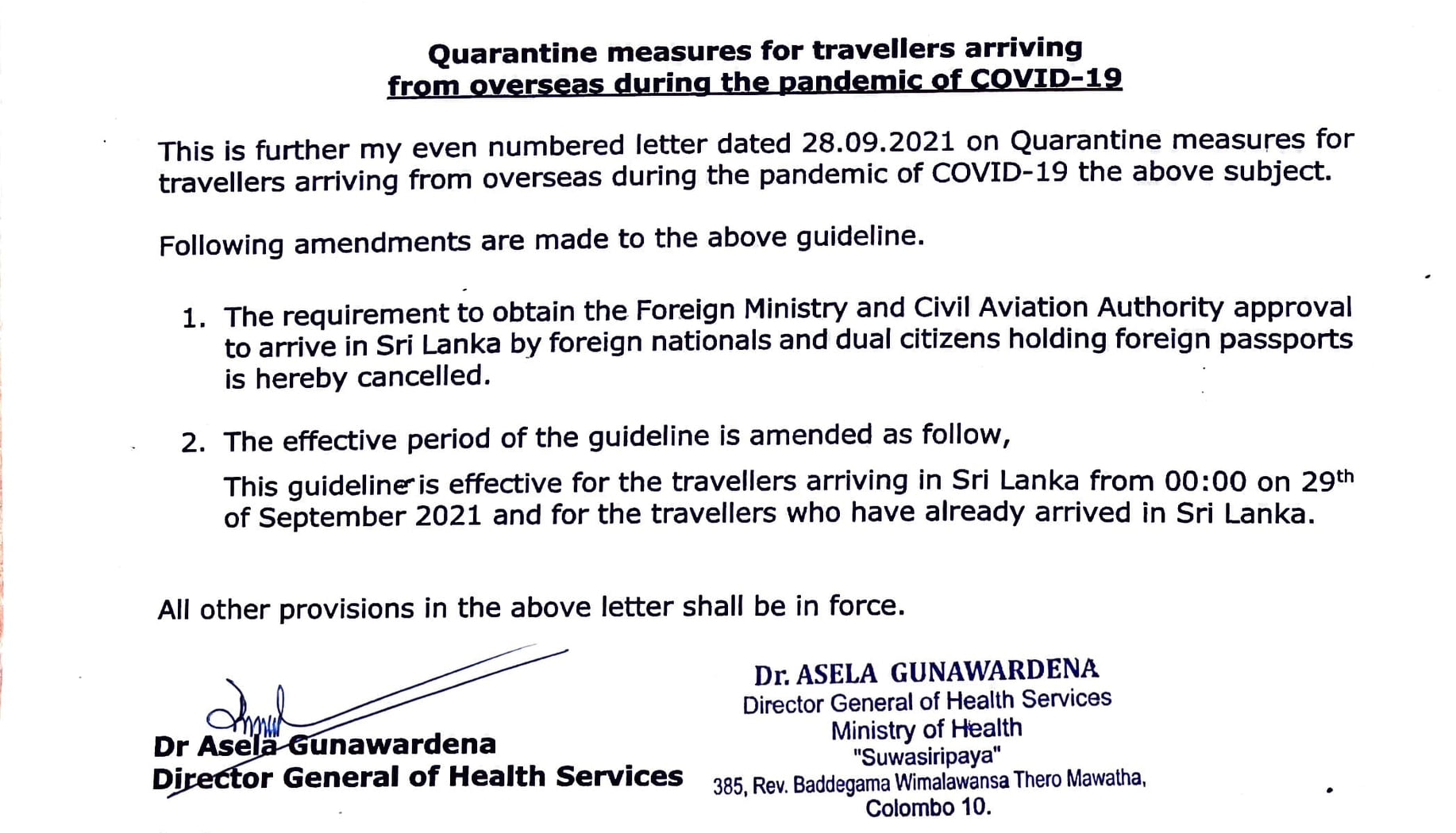 As per the amendments of Quarantine Measures dated 03 October 2021
