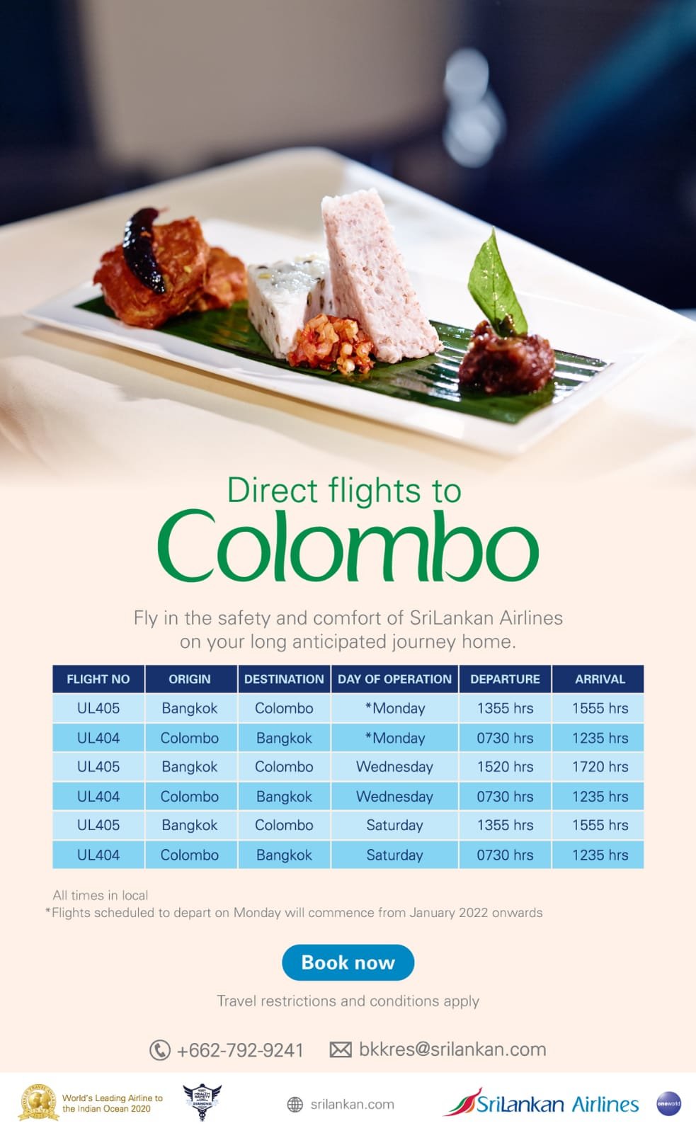 SriLankan Airlines direct flights from Bangkok-Colombo-Bangkok