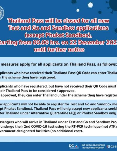 Thailand Pass will be closed for all new Test and Go and Sandbox applications (except Phuket Sandbox), starting from 00.00 hrs.