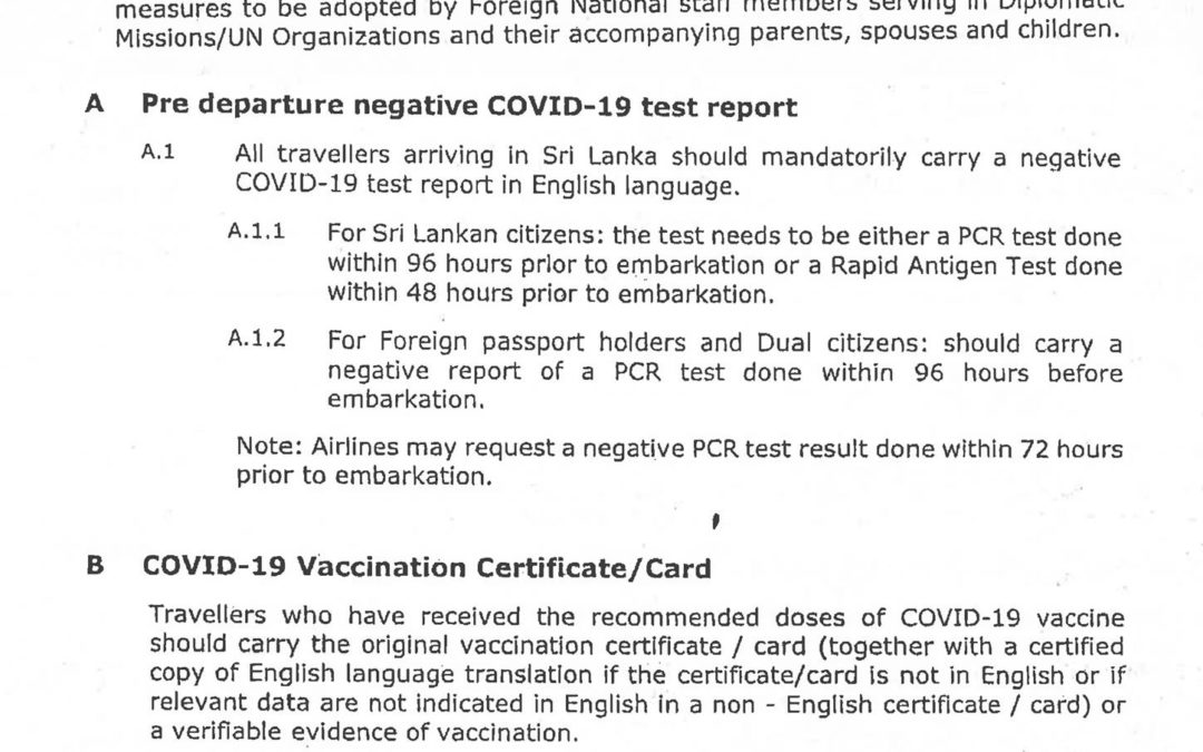 Quarantine Measures are imposed for travelers arriving in Sri Lanka