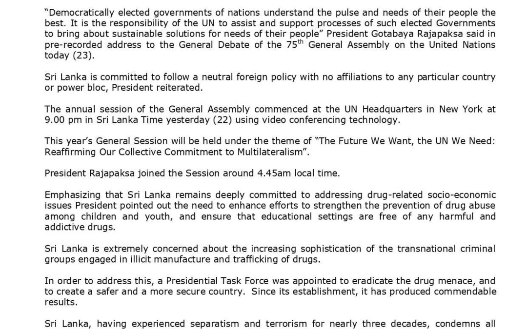 The statement by President of Sri Lanka at the General Debate of the 75th Session of the UNGA