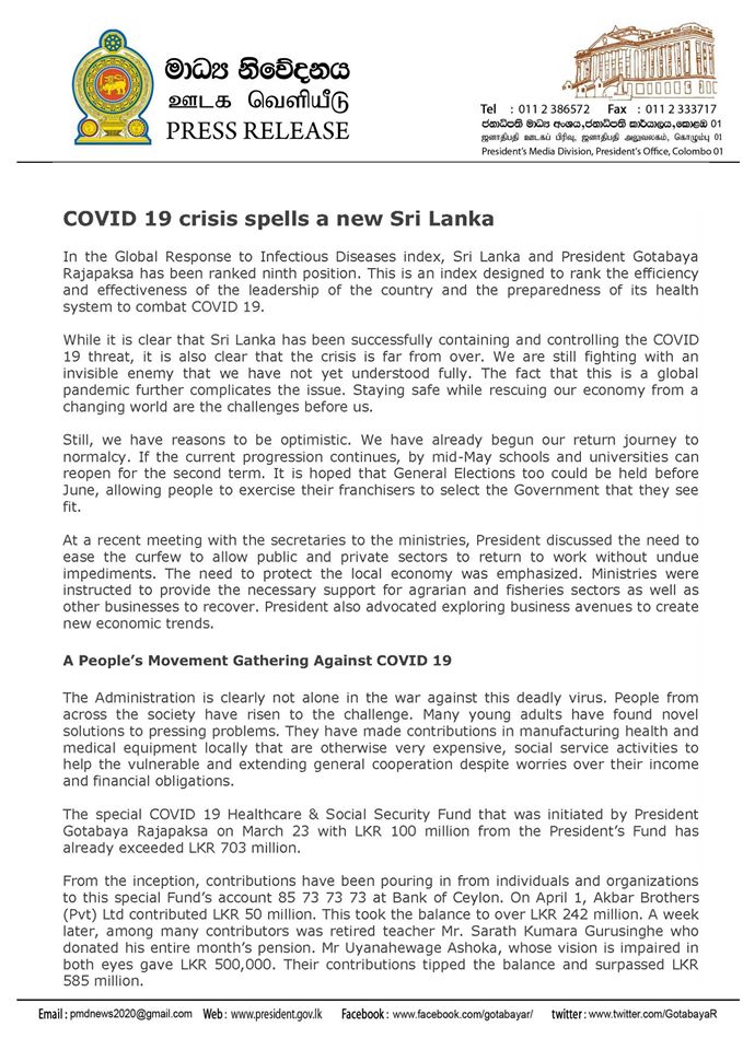 COVID 19 crisis spells a new Sri Lanka
