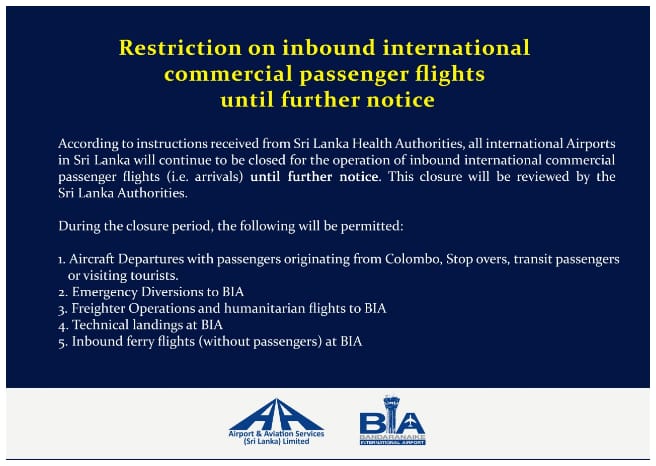 Restrictions on Inbound International Commercial Passenger Flights to Sri Lanka until Further Notice