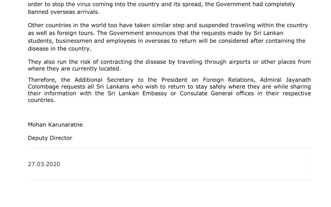 Special request by the Government to Sri Lankan expats