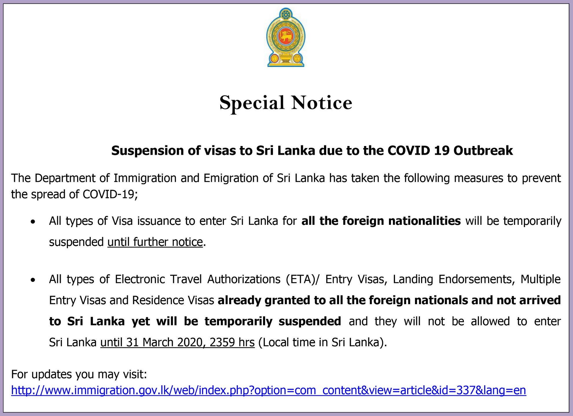 Suspension of visas to Sri Lanka due to the COVID 19 Outbreak