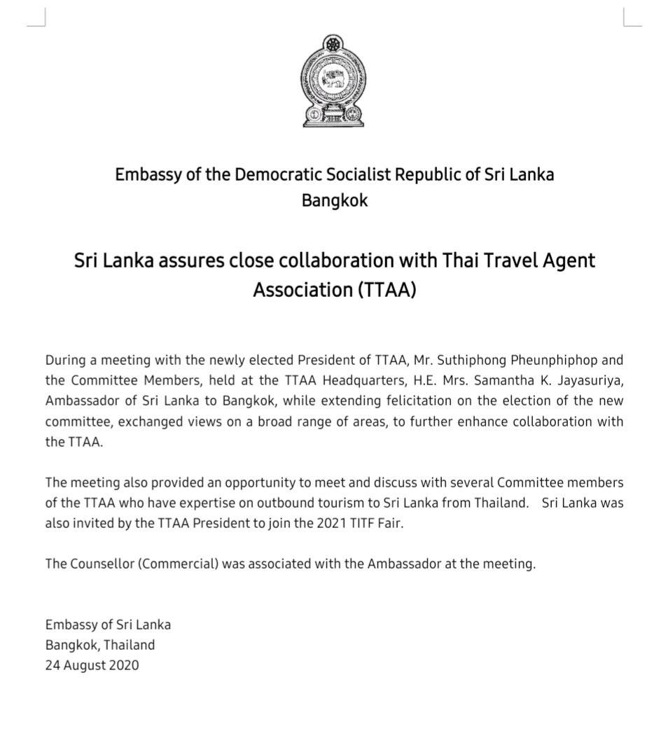 Sri Lanka assures close collaboration with Thai Travel Agent Association (TTAA).