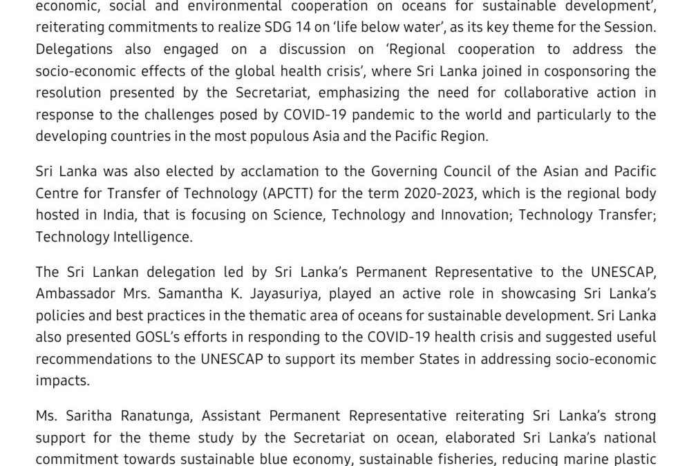 Sri Lanka delegation led to UNESCAP, in Bangkok played an activate role at CS76