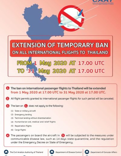 Extension of a temporary ban on all international flights to Thailand until 31 May 2020
