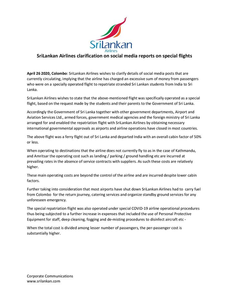 SriLankan Airlines clarification on social media reports on special flights