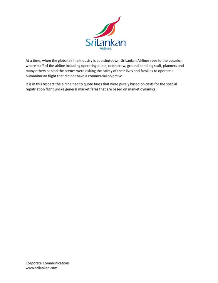 SriLankan Airlines clarification on social media reports on special flights