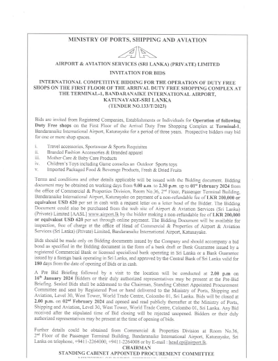 Procurement Notice Airport and Aviation Service Sri Lanka Limited Bid no 133 T 2023