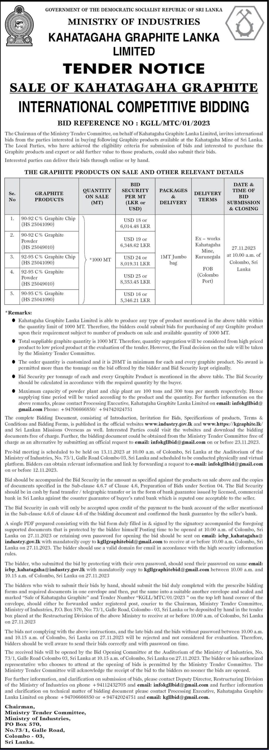 Procurement Notice - kahatagaha Graphite Lanka Limited (Tender Reference No. KGLL/MTC/01/2023)