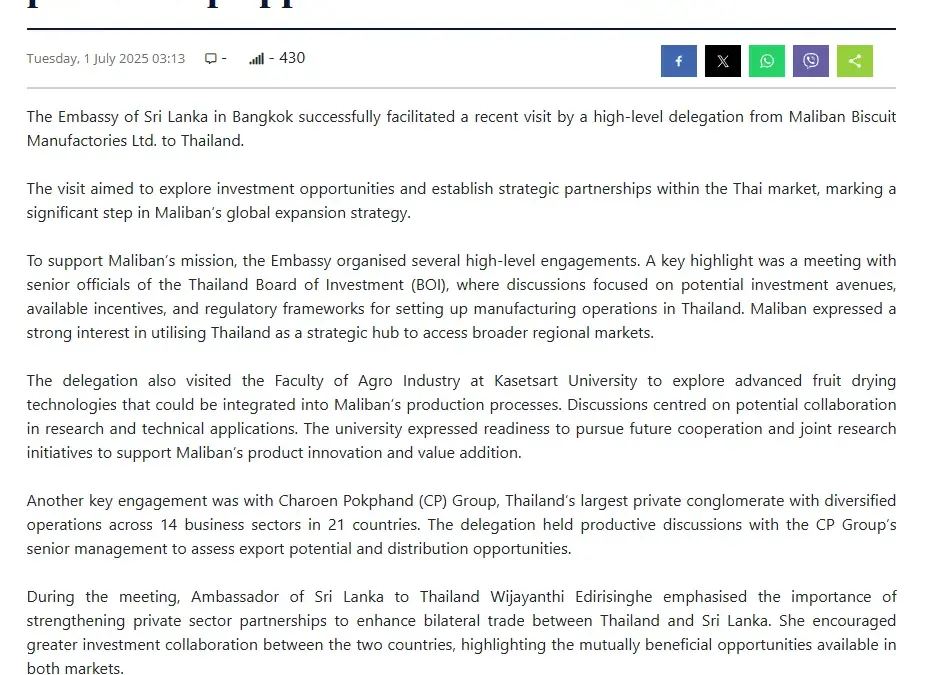 Maliban explores strategic investment and partnership opportunities in Thailand