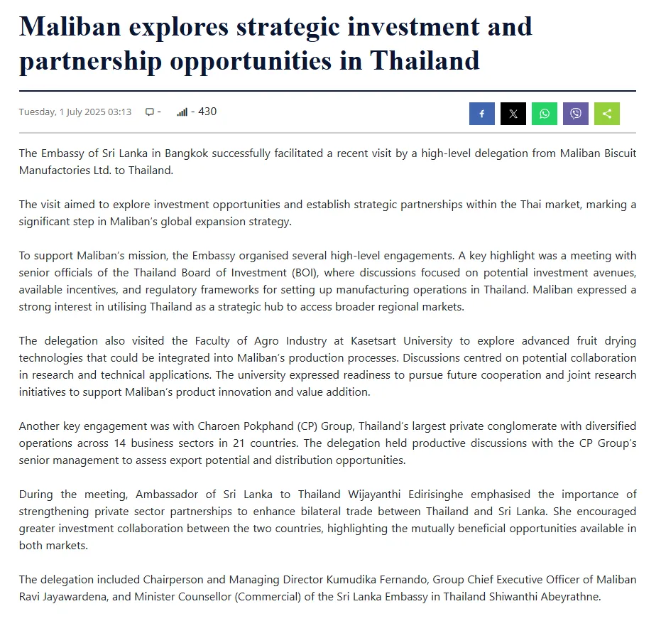 Christmas Messages of H.E. the President, Hon. Prime Minister and Hon. Foreign Minister 1 Maliban explores strategic investment and partnership opportunities in Thailand