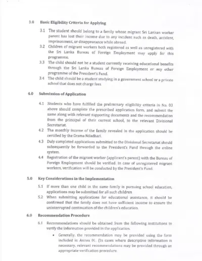 Provision of Educational Assistance from the President's Fund for students in Sri Lanka Belonging to Families of Migrant Abroad, in Instances Where such Workers Encounter Unexpected Adversities (Death, Accidents, Imprisonment or Disappearance)