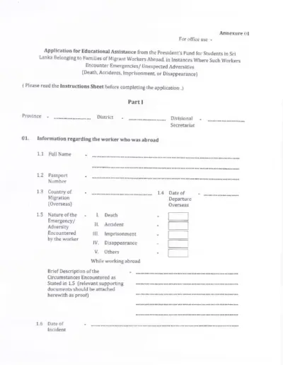Provision of Educational Assistance from the President's Fund for students in Sri Lanka Belonging to Families of Migrant Abroad, in Instances Where such Workers Encounter Unexpected Adversities (Death, Accidents, Imprisonment or Disappearance)