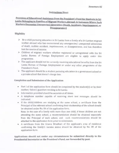 Provision of Educational Assistance from the President's Fund for students in Sri Lanka Belonging to Families of Migrant Abroad, in Instances Where such Workers Encounter Unexpected Adversities (Death, Accidents, Imprisonment or Disappearance)