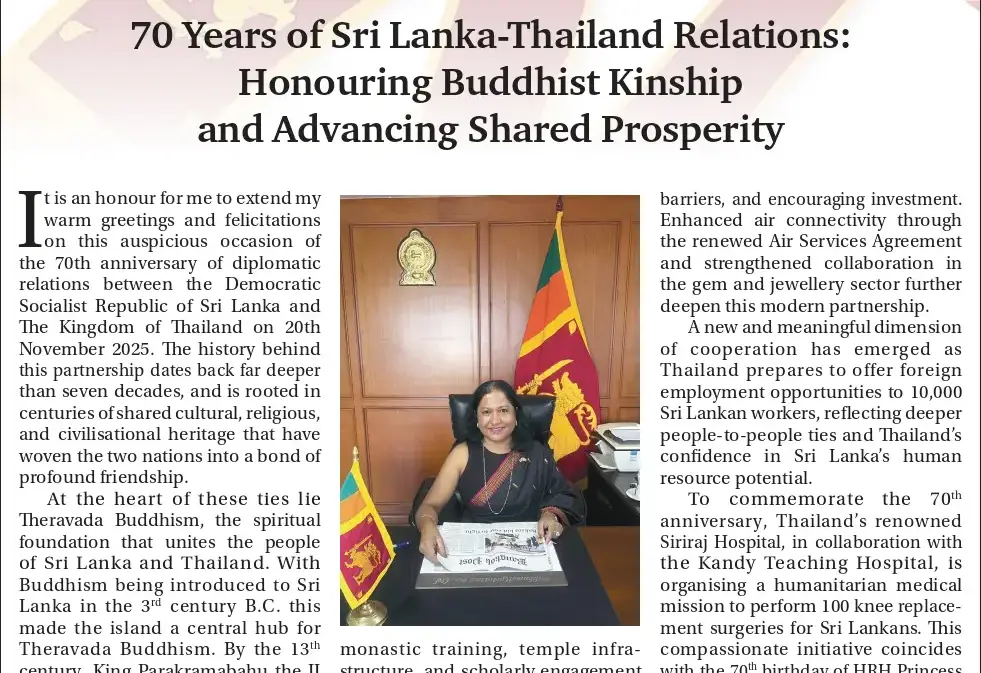 70 Years of Sri Lanka–Thailand Relations: Honoring Buddhist Kinship and Advancing Shared Prosperity