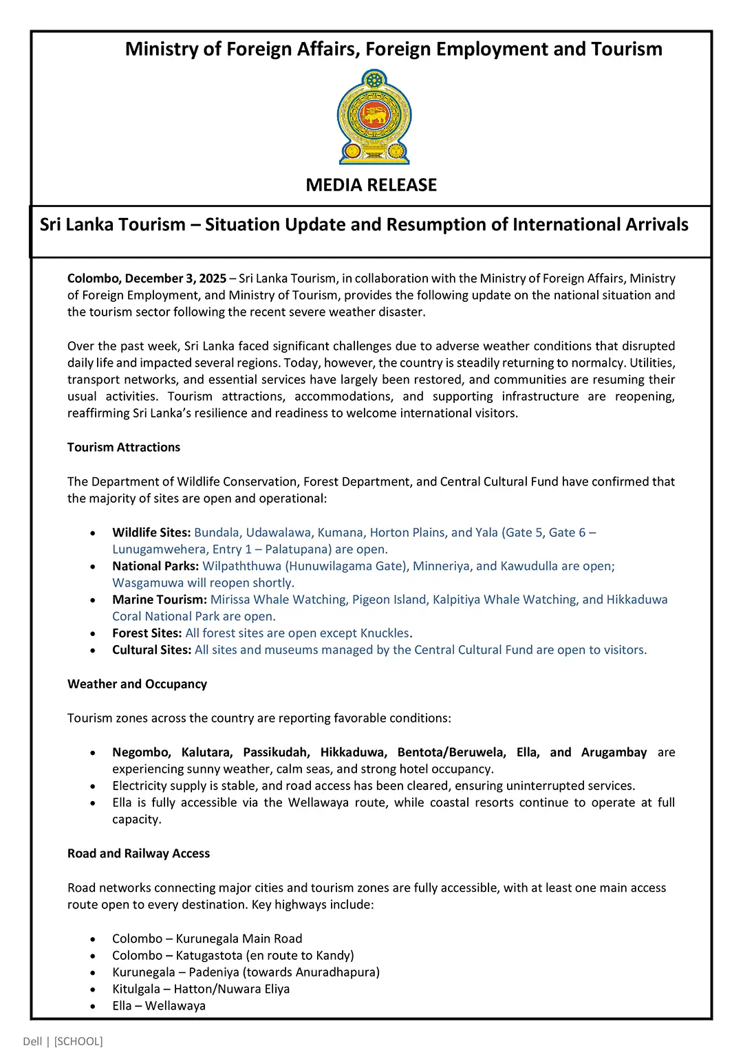 Media Release -Tourism- situation update and resumption of international arrivals03NOV2025