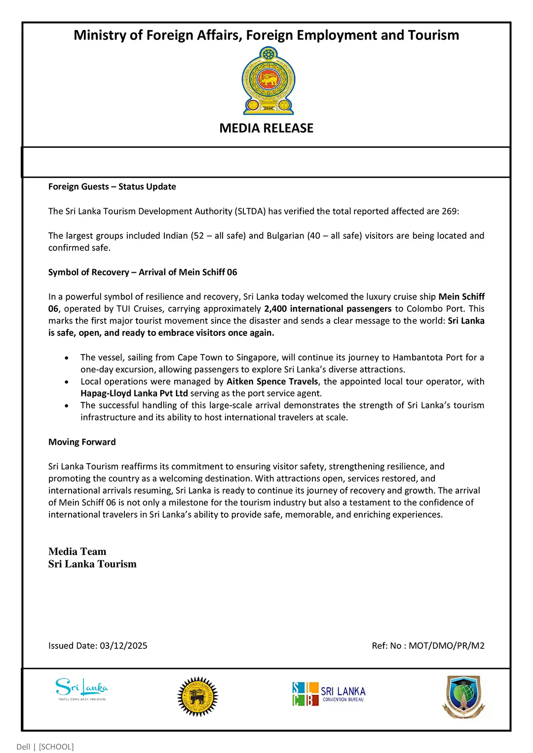 Media Release -Tourism- situation update and resumption of international arrivals03NOV2025