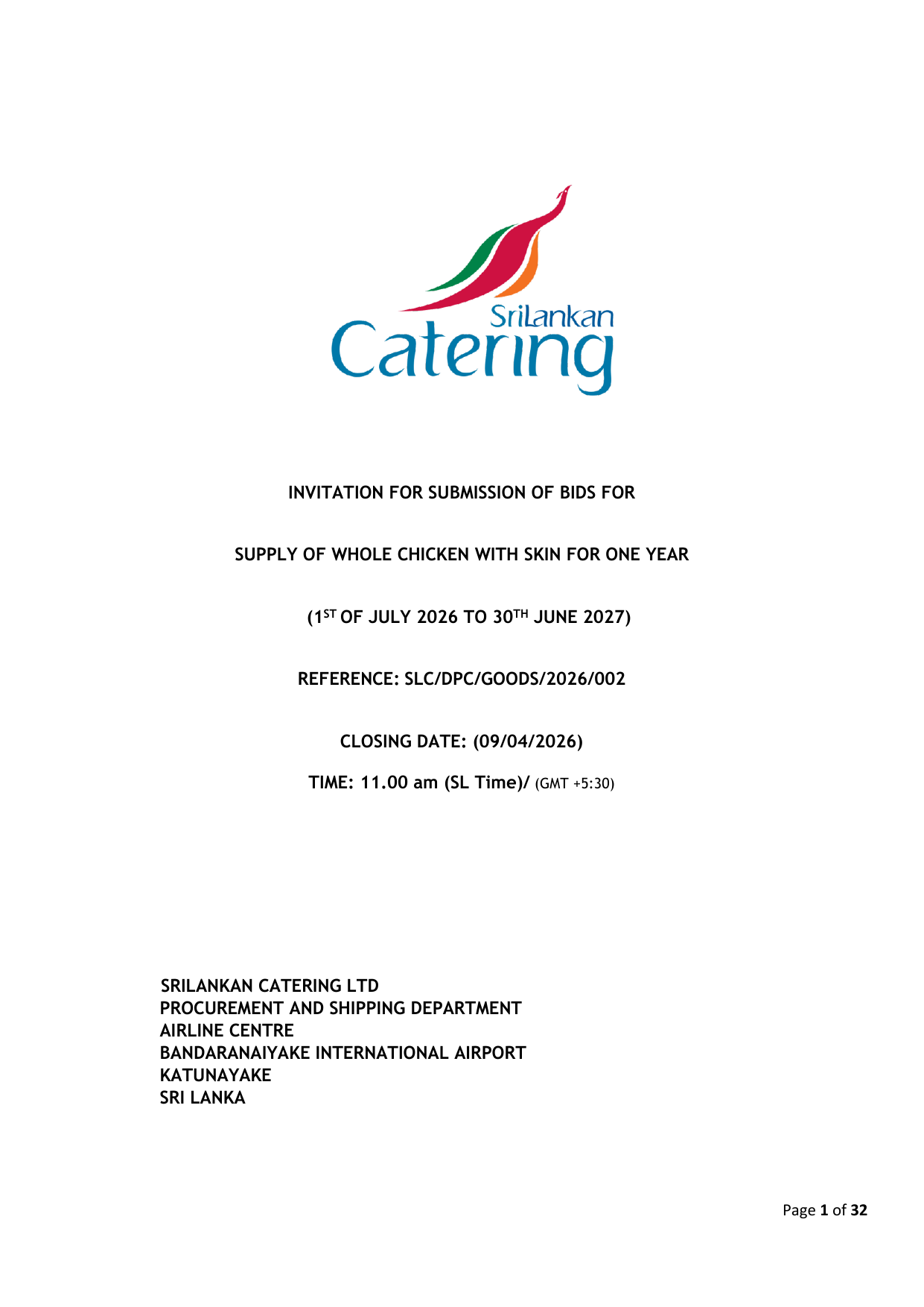 INVITATION FOR SUBMISSION OF BIDS FOR SUPPLY OF WHOLE CHICKEN WITH SKIN page1