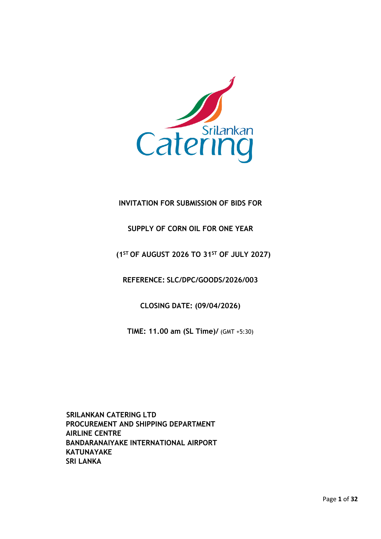 INVITATION FOR SUBMISSION OF BIDS FOR SUPPLY OF CORN OIL page1