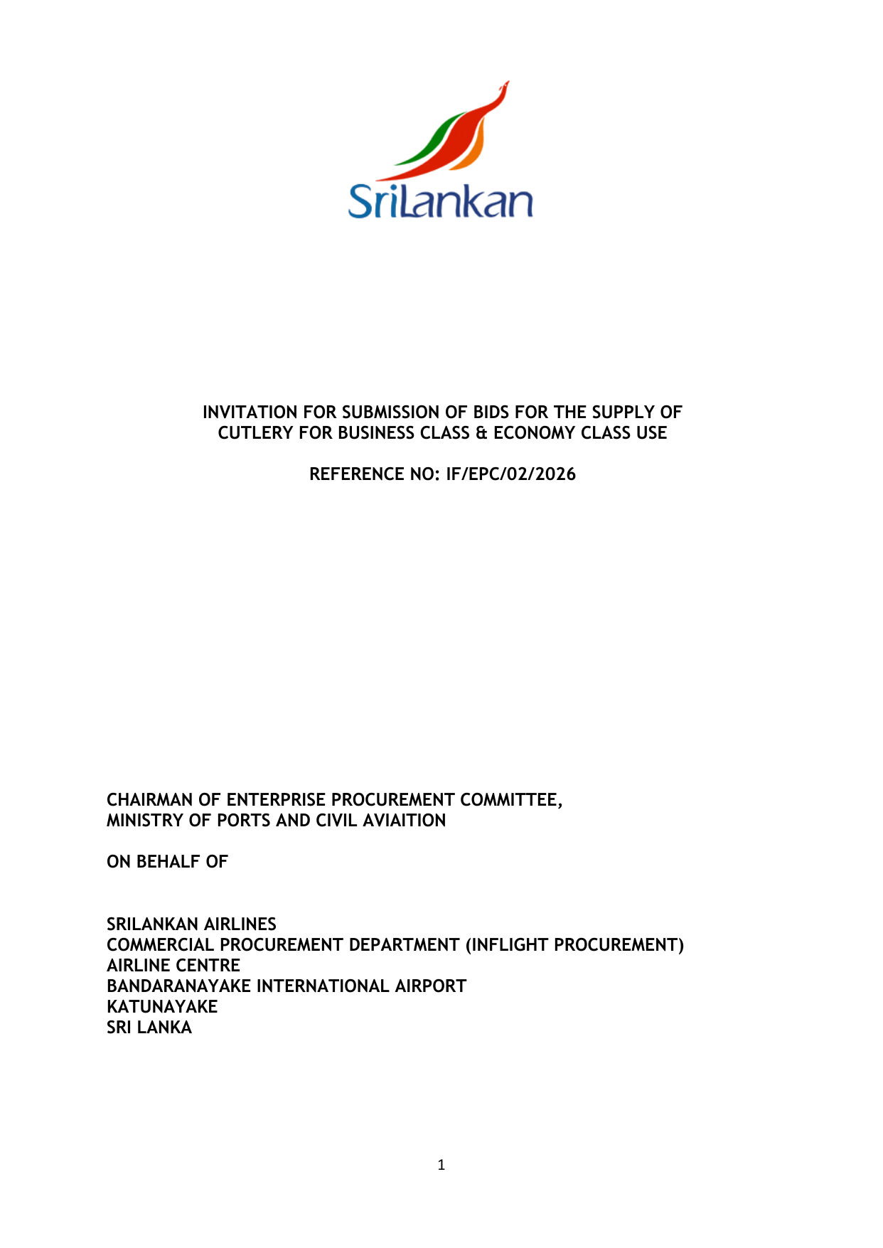 Invitation for submission of bids for the supply of cutlery for Business class &_page1 Invitation for submission of bids for the supply of cutlery for Business class page1