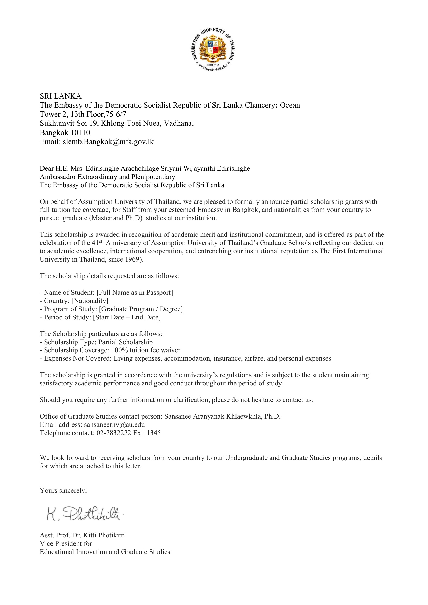 Letter of scholarship offer page1